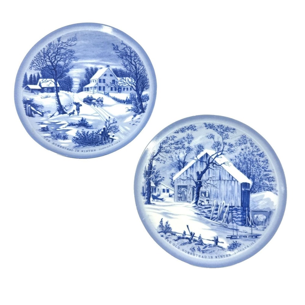 Vintage Sanyei Japan Currier & Ives Old Homestead in‎ Winter Plates Set of 2